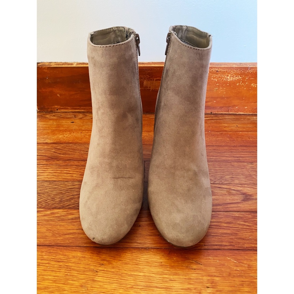 gray suede heeled booties